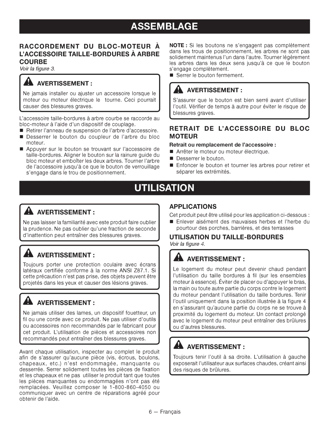 Ryobi RY15525 Retrait DE L’ACCESSOIRE DU Bloc Moteur, Utilisation DU TAILLE-BORDURES, Avertissement  